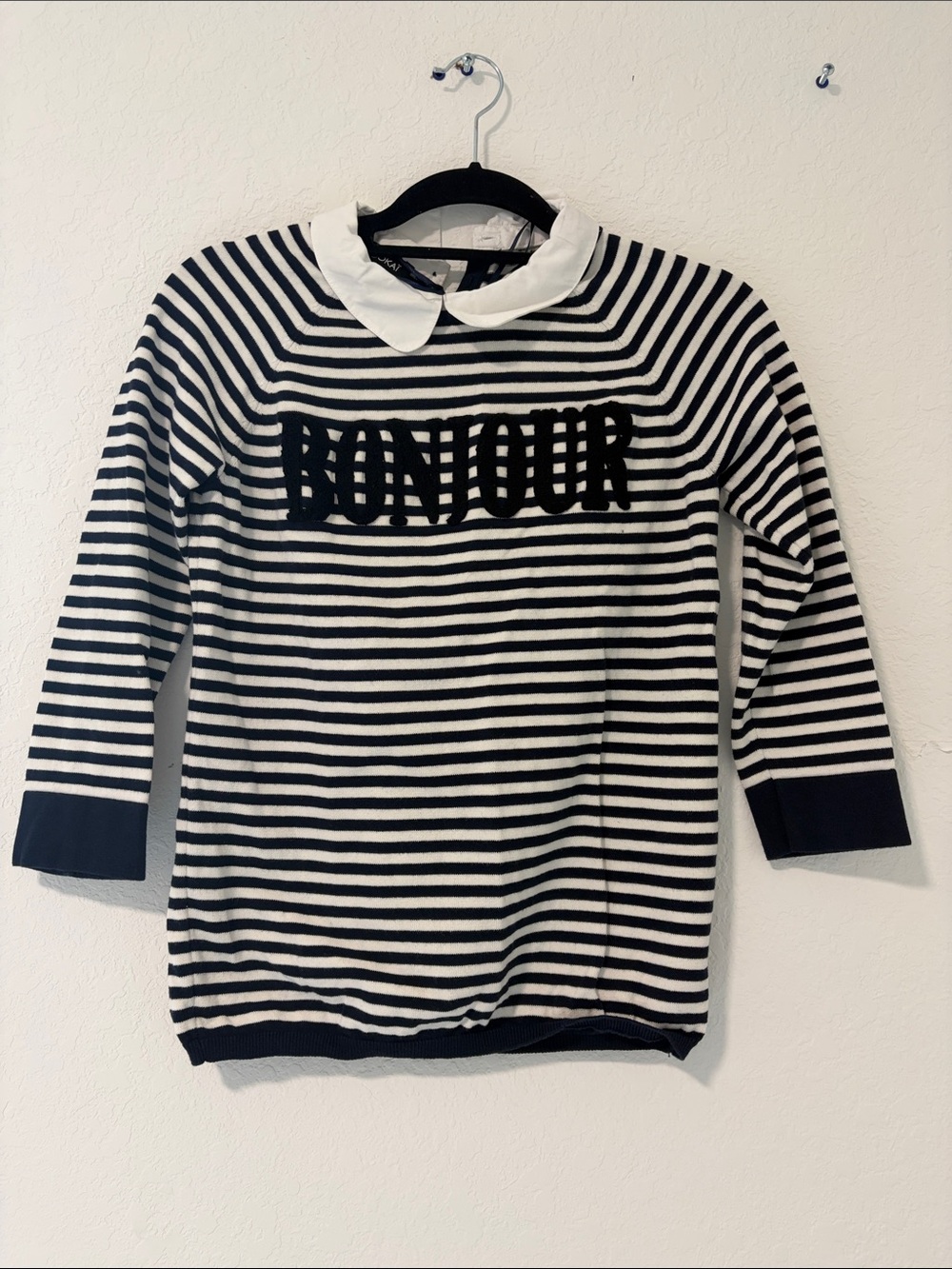 Kookai Black & White Striped 'BONJOUR' Sweater with Peter Pan Collar